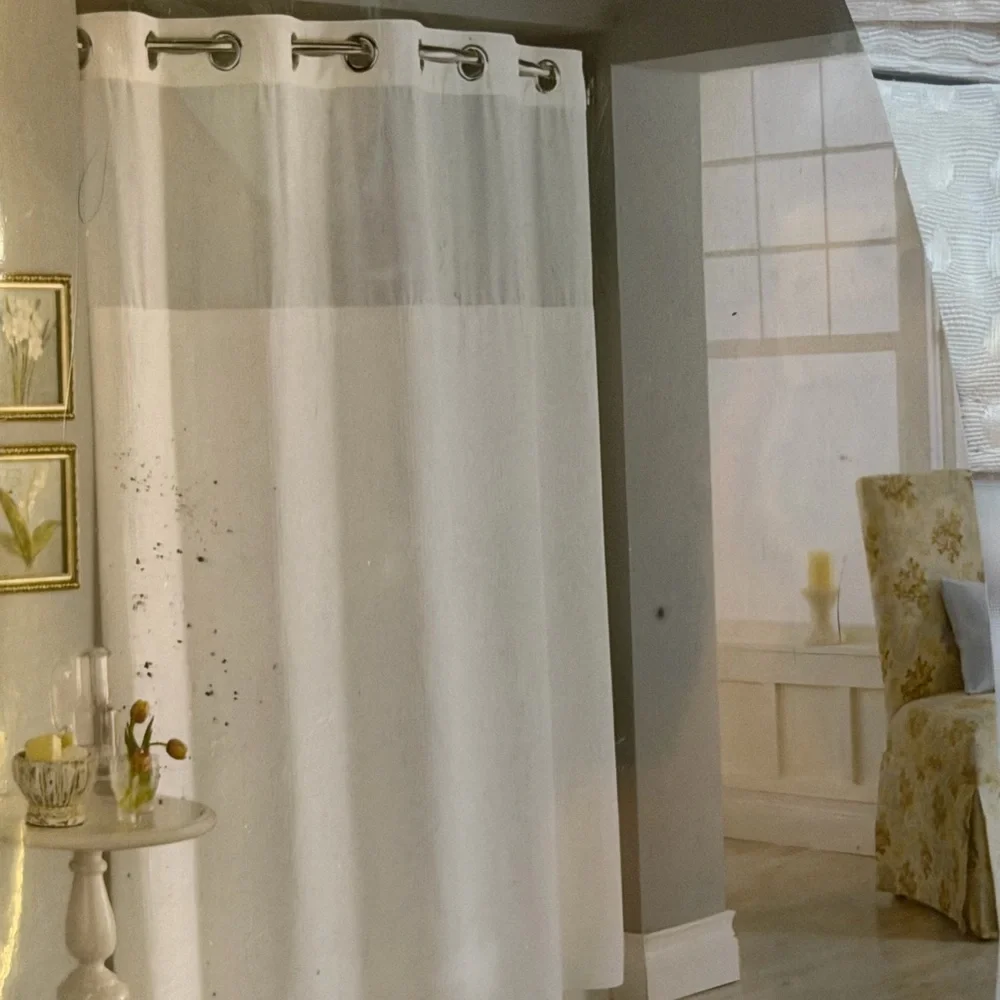 54x80” White Fabric Shower Curtain Set Waffle Weave with Snap Liner-NEW!